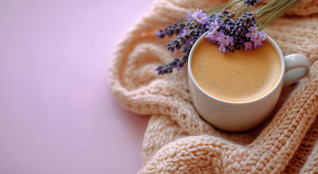 Warm coffee sits in a white mug adorned with fresh lavender flowers, resting on a soft, knitted blanket in light pink. A calming atmosphere invites relaxation and comfort.の素材