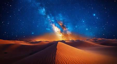 Twilight reveals a vibrant cosmic landscape, filled with dazzling stars and colorful clouds above serene desert dunes, creating a breathtaking view of the night sky.の素材