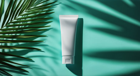 A beauty product stands upright on a vibrant turquoise surface, surrounded by graceful palm leaves casting playful shadows in warm sunlight during the day.の素材