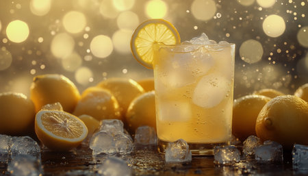 Sparkling citrus beverage in a glass is adorned with fresh lemon slices. Lively bokeh lights create a festive atmosphere, enhancing the drinks appeal.の素材