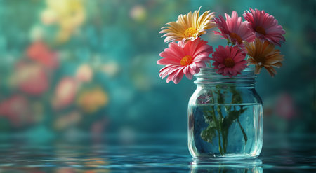 Vibrant daisies rest in a clear jar filled with water, creating a serene atmosphere as the sun sets and casts colorful reflections on the water.の素材