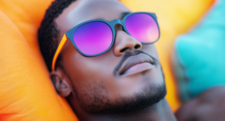 A man is lying on a vibrant green and orange inflatable float under clear blue skies. He wears stylish sunglasses and appears to be enjoying a sunny day by the water.の素材