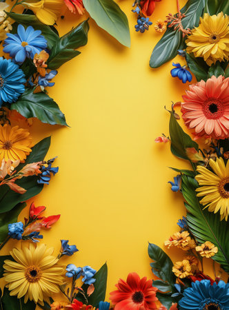 A vibrant display featuring a variety of colorful flowers such as daisies, roses, and lilies arranged neatly around a bright yellow background, creating a cheerful atmosphere.の素材