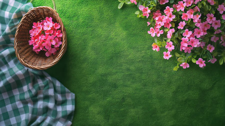 A wicker basket filled with vibrant pink flowers rests on a green grass patch, accompanied by a checkered cloth. Sunlight filters through the trees, creating a serene atmosphere.の素材