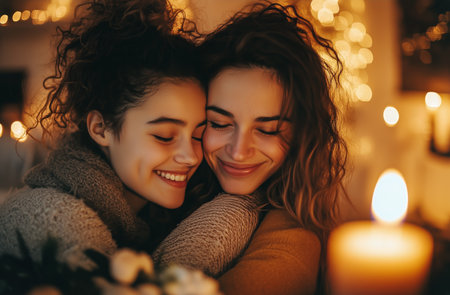 Two friends share a joyful moment while hugging in a warmly lit space adorned with festive decorations.の素材