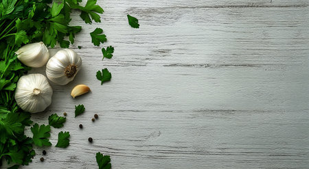 Fresh garlic bulbs, parsley leaves, and spices are arranged on a wooden table, showcasing ingredients ideal for meal preparation. Perfect for enhancing flavors in various dishes.の素材