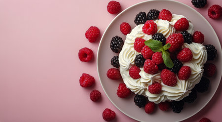 A beautifully decorated cake featuring layers of cream and topped with various fresh berries. The dessert is placed against a soft pink background, showing its vibrant colors.の素材