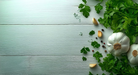 Fresh garlic bulbs, parsley leaves, and spices are arranged on a wooden table, showcasing ingredients ideal for meal preparation. Perfect for enhancing flavors in various dishes.の素材