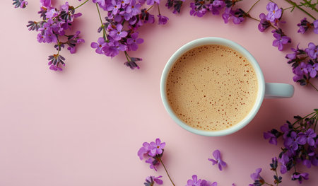 A cozy coffee cup filled with frothy beverage rests on a soft pink surface, elegantly framed by vibrant purple flowers creating a serene atmosphere.の素材