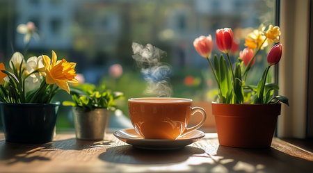 A steaming cup of coffee sits on a wooden table next to vibrant blooms in pots, creating a cozy atmosphere during a sunny morning.の素材