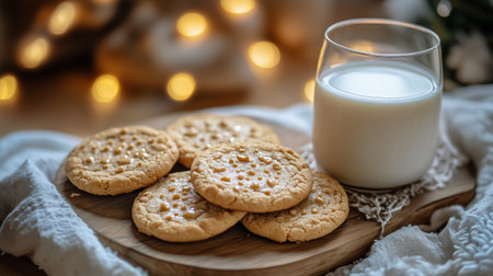 Soft cookies sit alongside a glass of milk on a wooden surface, wrapped in a cozy blanket. Warm lights create an inviting atmosphere, perfect for a snack break.の素材