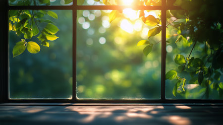 Sunlight pours through an open window framed by vibrant green leaves, casting warm light into the room and creating a serene morning atmosphere.の素材