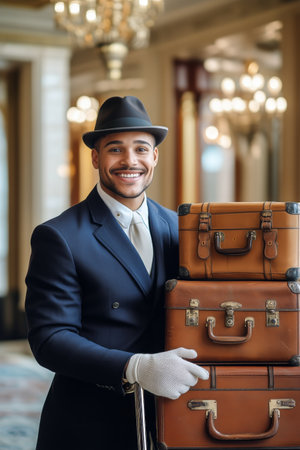 A bellhop in formal attire, smiling while pushing a cart with black luggage through a stylish hotel lobby filled with elegance during daylight.の素材