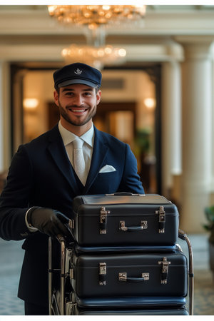 A bellhop in formal attire, smiling while pushing a cart with black luggage through a stylish hotel lobby filled with elegance during daylight.の素材