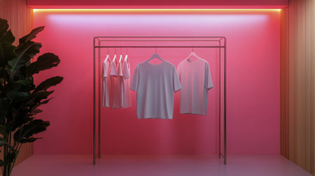 Three white T-shirts are hanging on a sleek metal rack against a vibrant pink wall with soft lighting, creating a stylish and modern ambiance in a retail space.の素材