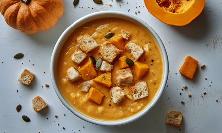 A bowl of warm squash soup topped with croutons and pumpkin seeds sits next to fresh squash slices. This healthy dish is perfect for a cozy meal on a chilly day.の素材