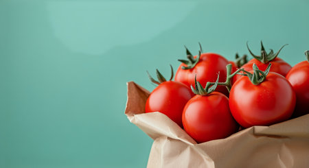 A collection of vibrant red tomatoes is stacked in a paper bag. The bright color contrasts sharply against a light blue backdrop, showing their freshness and quality.の素材