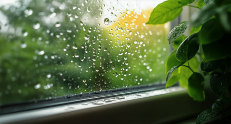 Rain droplets cascade down the glass, creating a soothing atmosphere while lush green leaves frame the view. Sunlight filters through, enhancing the serene moment.の素材