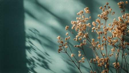 Dried flowers stand in a vase against a teal wall, casting intricate shadows on the surface. Soft afternoon sunlight illuminates the arrangement, creating a serene atmosphere.の素材