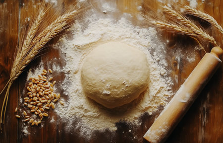 Flour dust covers a wooden surface as hands work on kneading dough. Fresh wheat stalks add a rustic touch to the domestic kitchen atmosphere during baking preparations.の素材