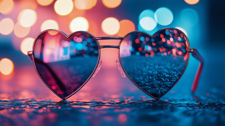 Heart-shaped sunglasses reflect colorful lights, adding a cheerful vibe to a festive atmosphere. The bright backdrop enhances the fun feeling of the setting, perfect for gatherings.の素材