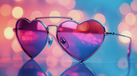 Heart-shaped sunglasses reflect colorful lights, adding a cheerful vibe to a festive atmosphere. The bright backdrop enhances the fun feeling of the setting, perfect for gatherings.の素材