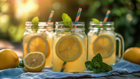 Glass jars filled with lemon mint drinks sit on a wooden table surrounded by fresh lemons and mint leaves, illuminated by warm sunlight in a vibrant outdoor setting.の素材