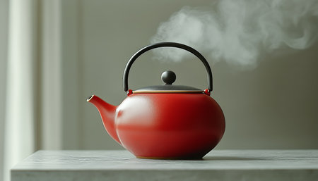 A red kettle sits on a stovetop, releasing steam into the air on a calm morning. The soft light fills the kitchen, creating a cozy atmosphere perfect for tea preparation.の素材