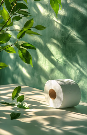 A roll of paper towel sits elegantly amid lush green leaves casting soft shadows. Natural light highlights the texture and simplicity of the setup, creating a serene atmosphere.の素材
