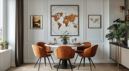 This dining area features a round marble table surrounded by orange chairs. A large world map hangs on the wall, while indoor plants add a touch of nature to the room.の素材