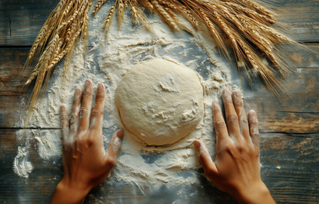 Flour dust covers a wooden surface as hands work on kneading dough. Fresh wheat stalks add a rustic touch to the domestic kitchen atmosphere during baking preparations.の素材