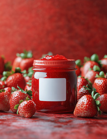 A glass jar filled with vibrant red jam floats above lush strawberry plants loaded with ripe strawberries under warm summer light, creating a lively and fresh atmosphere.の素材