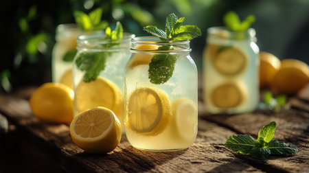 Three jars filled with lemon mint drinks rest on a wooden table surrounded by fresh lemons, showcasing vibrant colors and a refreshing atmosphere with green plant decor.の素材