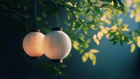 Softly glowing lanterns dangle from branches, casting warm light into a serene garden as twilight descends, creating a peaceful outdoor ambiance.の素材