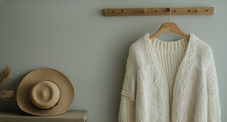 A woven straw hat rests atop a cozy oversized sweater hanging from a wooden rack against a soft gray wall, complemented by natural accents from nearby plants.の素材