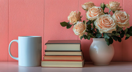 A collection of books stacked beside a white mug filled with coffee and a vase of soft pink roses on a pastel background, creating a warm and inviting atmosphere for reading.の素材