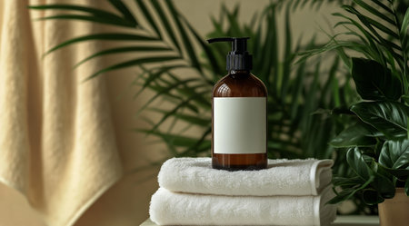 A serene home spa environment showcases a brown bottle of natural lotion placed on neatly folded white towels with indoor plants and soft fabric in the background.の素材