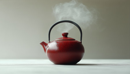 A red kettle sits on a stovetop, releasing steam into the air on a calm morning. The soft light fills the kitchen, creating a cozy atmosphere perfect for tea preparation.の素材
