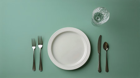 A minimalist dining arrangement features a plain white plate at the center, flanked by forks and knives. A crystal glass stands on the side, set against a pastel green background.の素材
