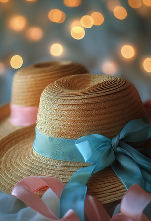 Straw hats with vibrant ribbons are arranged artistically, set against a dreamy backdrop of soft, glowing lights. The atmosphere is cheerful and inviting, perfect for celebrations.の素材