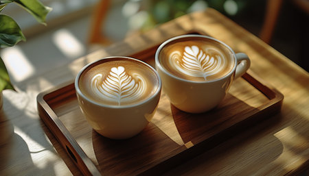 Two cups of coffee with intricate foam art sit side by side on a wooden tray. Sunlight filters through a window, casting soft shadows in a warm, inviting cafe atmosphere.の素材
