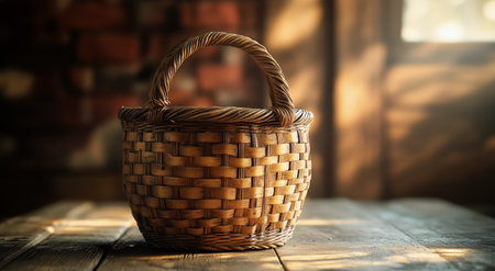 A woven basket holds dried flowers, basking in warm sunlight. The rustic wooden table enhances the natural aesthetic, creating a cozy atmosphere in a serene environment.の素材