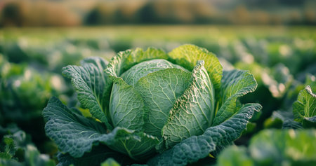 Dew-kissed green cabbage sits among vibrant leaves in a lush garden, illuminated by soft morning light, showing healthy growth and vitality of nature.の素材