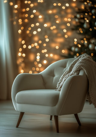 A cozy white chair is positioned near a large window adorned with soft curtains. Outside, gentle light filters in, illuminating the serene interior, enhancing the peaceful atmosphere.の素材