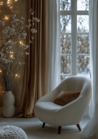 A cozy white chair is positioned near a large window adorned with soft curtains. Outside, gentle light filters in, illuminating the serene interior, enhancing the peaceful atmosphere.の素材
