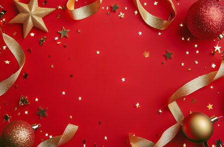 Bright red background adorned with shimmering gold stars, shiny ornaments, and elegant ribbons, creating a cheerful atmosphere for holiday festivities and celebrations.の素材