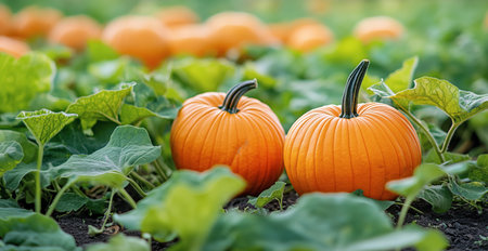 Bright orange pumpkins dot the ground in a lush field, surrounded by vibrant green leaves. The warm light of autumn adds a cheerful atmosphere to the harvest scene.の素材