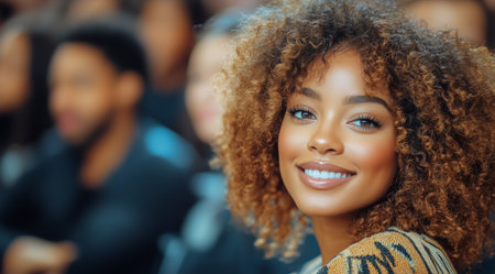 A young woman with curly hair smiles warmly while listening to a speaker in a bustling auditorium filled with an engaged audience.の素材