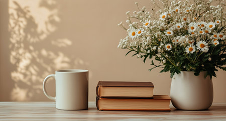 Warm sunlight casts gentle shadows on a soothing arrangement of a coffee mug, a vase with flowers, and stacked books, creating a tranquil atmosphere.の素材