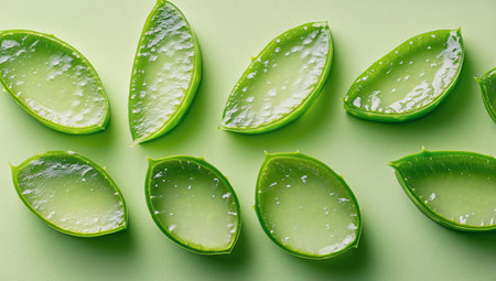 Fresh aloe vera slices are neatly arranged on a light green surface, showing their gel-filled texture, ideal for skin care and health remedies.の素材